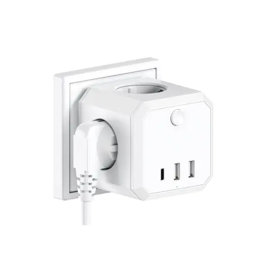 Adaptor priza alb tip cub cu 4 prize shucko 16A, 2xUSB si 1xType C – Solutia ideala pentru incarcare eficienta Retur gratuit