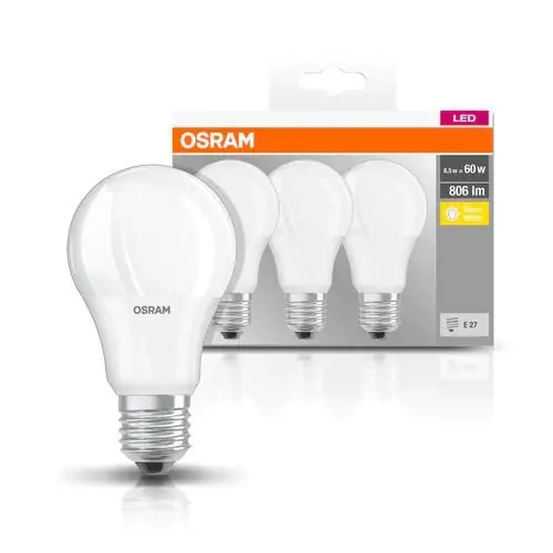 3 Becuri LED Osram Base Classic A, E27, 8.5W (60W), 806 lm, luminacalda(2700K) Ofertă limitată