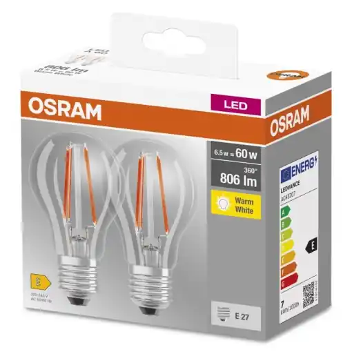 2 Becuri LED Osram Base Classic A, E27, 6.5W (60W), 806 lm, lumina calda(2700K), cu filament Reducere de preț