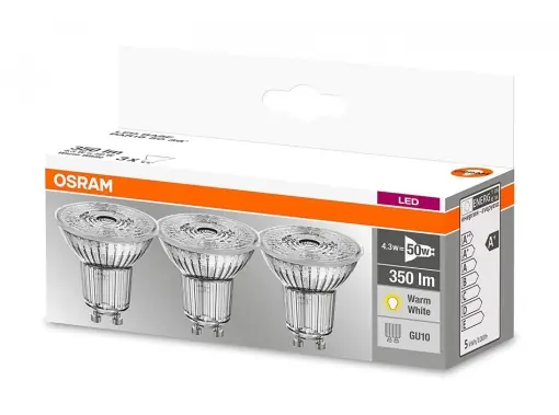 3 Becuri LED Osram Base PAR16 36°, GU10, 4.3W (50W), 350 lm, luminacalda (2700K) Cumpără acum