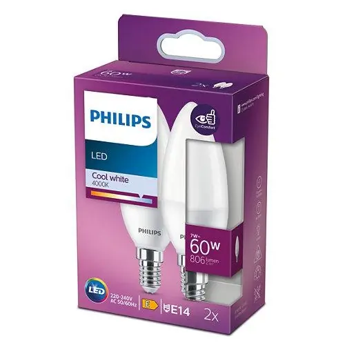 2 Becuri LED Philips B38, EyeComfort, E14, 7W (60W), 806 lm,luminaneutra (4000K), mat Livrare rapidă