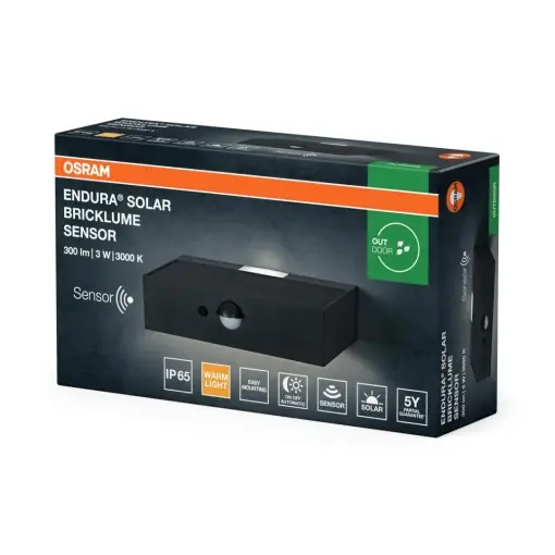 Aplica LED solara cu senzor de miscare si lumina Osram ENDURA Solar Bricklume Sensor, 3W, 300 lm, lumina calda (3000K), PIR, IP65, baterie Litiu-Ion 18650, Gri inchis Livrare rapidă