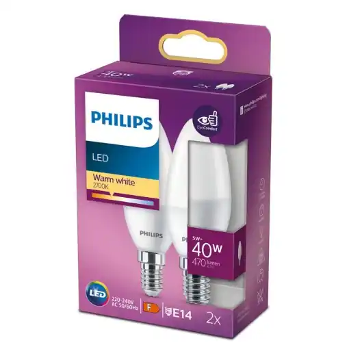 2 Becuri LED Philips B35, EyeComfort, E14, 5W (40W), 407 lm ,luminacalda(2700K), mat Reducere extra