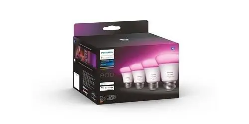 4 Becuri LED RGB inteligente Philips Hue A60, Bluetooth, E27, 6.5W(60W) ,806 lm, lumina alba si color (2200-6500K) Ofertă
