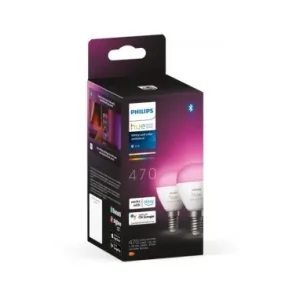 2 Becuri LED RGB inteligente Philips Hue P45, Bluetooth, E14, 5.1W ,470lm, lumina alba si color (2000-6500K) Lichidare de stoc