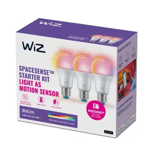 3 Becuri LED RGB inteligente WiZ Connected Colors A60, Wi-Fi, E27 ,8.8W(60W), 806 lm, lumina alba si color (2700-6500K), compatibilGoogleAssistant/Alexa/Siri Disponibil imediat