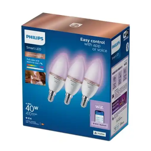 3 Becuri LED RGB inteligente Philips Candle C37, Wi-Fi, Bluetooth, E14 ,4.9W (40W), 470 lm, lumina alba si color (2200-6500K) Livrare rapidă