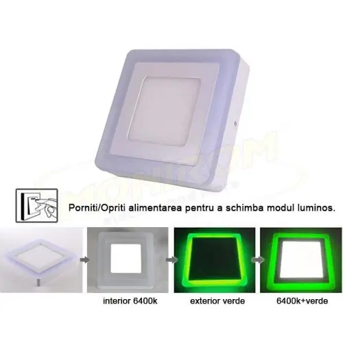 Vezi acum Spot led aplicat 12w+4w lumina rece+verde patrat 7762