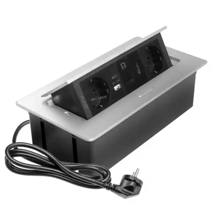 Vezi acum! Priza incorporabila in blat Multi Soft, cu 2 prize Schuko, 2 porturi incarcare USB tip A + C, 1 port HDMI si 1 port RJ45, finisaj aluminiu Reducere specială