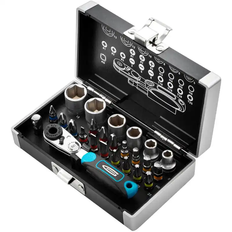 Cel mai vândut Set biti si capete tubulare 1/4 adaptor magnetic otel s2 cutie plastic 26 piese 11361 Gross